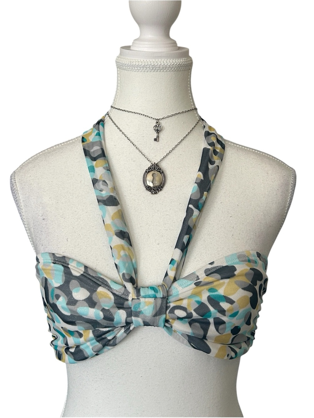 Y2K “Perry Ellis” Blue and Yellow Mesh Print Halter Style Bikini Top